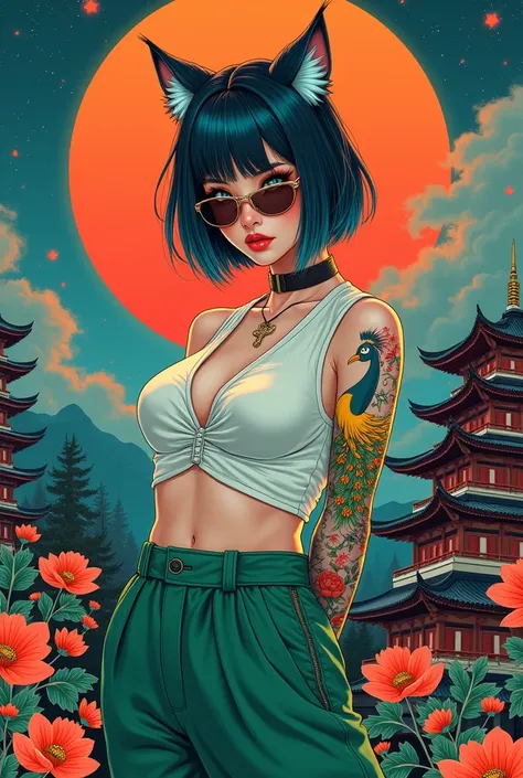 illustrated by Guo Chao style, poster design, in the style of psychedelic color schemes, hyper-detailed illustrations, 16k, a painting of a pagoda in the evening, in the style of graphic design-inspired illustrations, circular shapes detailed botanical ill...