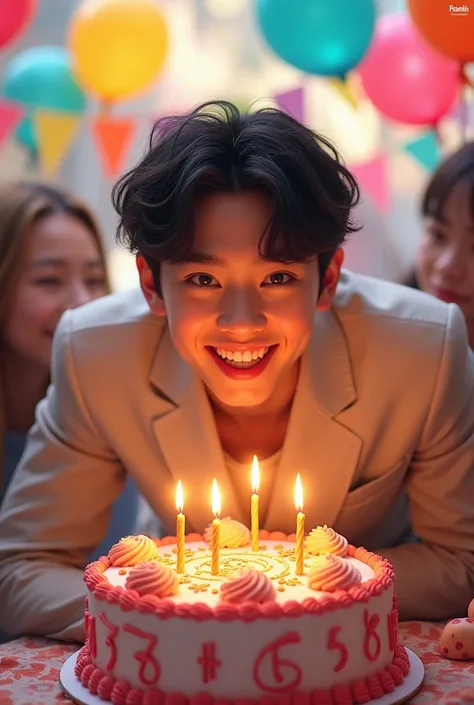 Kim Namjoon, surrounded by colorful balloons and banners, leans over a beautifully decorated birthday cake, eyes sparkling with joy. The cake features intricate designs and glowing candles, capturing the moment as he prepares to blow out the flames, celebr...