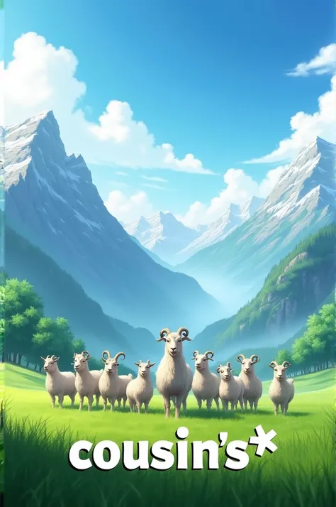 A green feild with clouds on sky, back has big mountains, and in the feild there is 10 goats, middle goat is little big then other 9 goata, in down of those goats there a text in bold front is "Cousins*