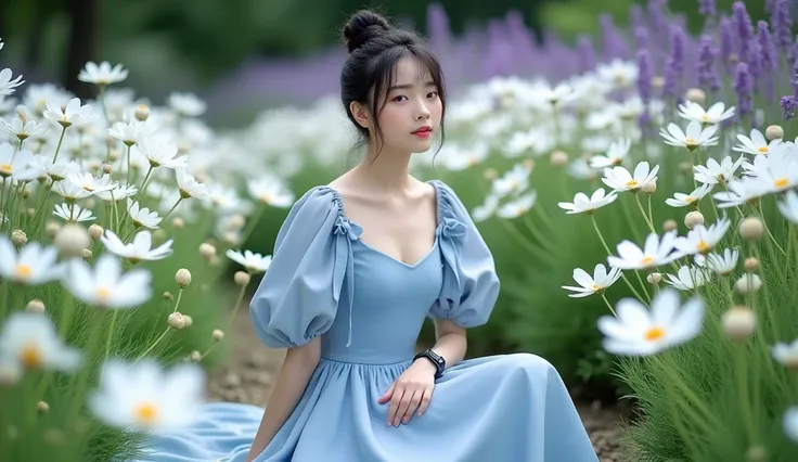 A beautiful Japanese girl, smooth white skin,  well-groomed face,top bun hair, Korean style with bangs, ,wearing a beautiful dress, eggplant light blue knee length,left and right sleeves with beautiful ribbons,balloon sleeve model, black watch, white shoes...