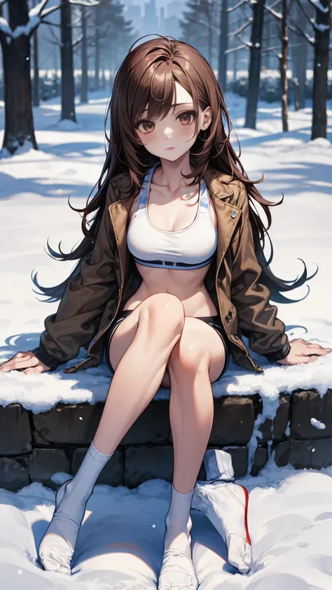 a girl,fourteen years old ,brown long hair,white skin,sports bra,wearing a jacket,white mini short pants,sport white socks,very thin legs,slim,skinny,sitting in the snow