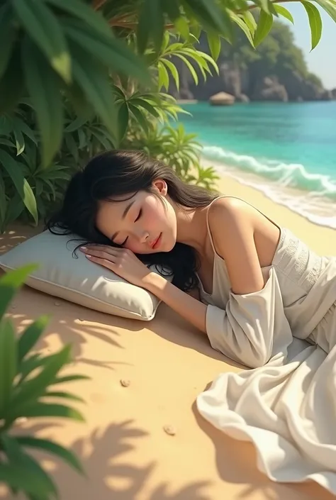 Beautiful Japanese woman sleeping at the beach