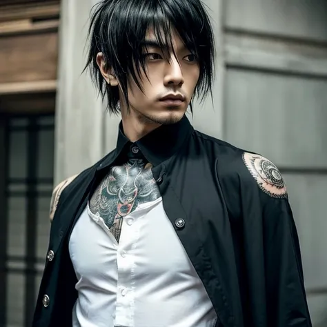 1 man, male, Japanese man, Visual Kai hairstyle, ultra detailed face and body, hyperrealistic, realistic representation, muscular, broad shoulders, tattoos gothic style, Visual Kei style, hairstyle Visual Kei,  age 35, outfit gothic streampunk, mens shirt ...