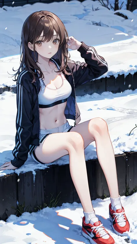 a girl,fourteen years old ,brown long hair,white skin,sports bra,wearing a jacket,white mini short pants,sport white socks,very thin legs,slim,skinny,sitting in the snow