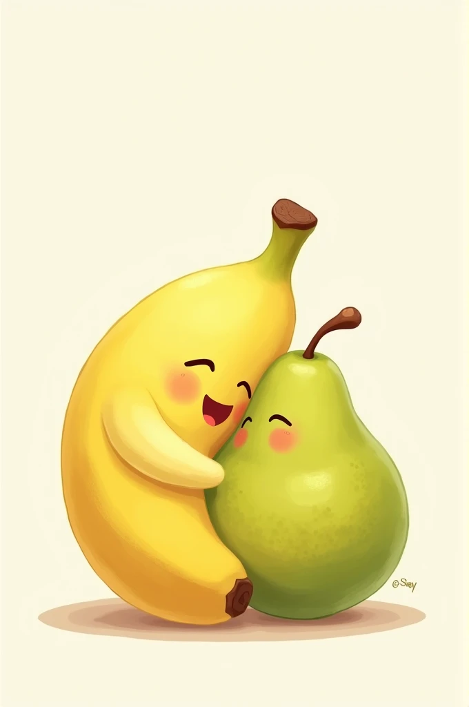 A banana hugging a pear 