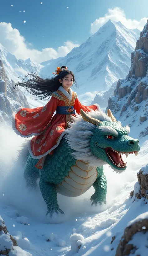 girl(long black hair, folk costume, smiling) sitting on a big dragon running at great speed through the wilderness(snowy mountains) of Hokkaido,dynamic camera angle, powerful composition, concentrated lines, scattered snow,great land scape
