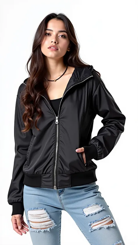 arafed young woman in a black jacket and ripped jeans posing for a picture, hooded, black jacket, wearing a black jacket, black bomber jacket, wearing jacket, jacket, wearing a fancy black jacket, Wearing a black sweatshirt, long black jacket, sport clothe...