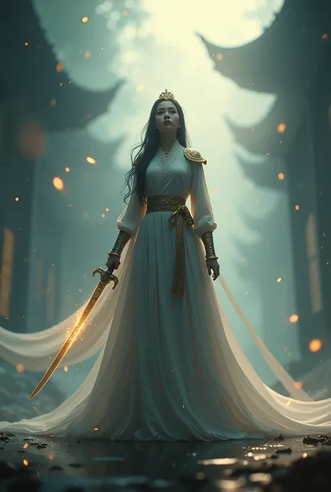 (looking up at viewer), digital art ilustration, depth of field, cinematic light, chiarosaurio, mist, particles, sparks,reflections, a female princess (Disney princess Mulan, Dilraba Dilmurat) wearing chinese princess armor holding sword, holy light, cinem...