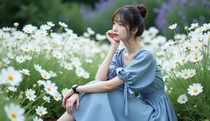 A beautiful Japanese girl, smooth white skin,  well-groomed face,top bun hair, Korean style with bangs, ,wearing a beautiful dress, eggplant light blue knee length,left and right sleeves with beautiful ribbons,balloon sleeve model, black watch, white shoes...