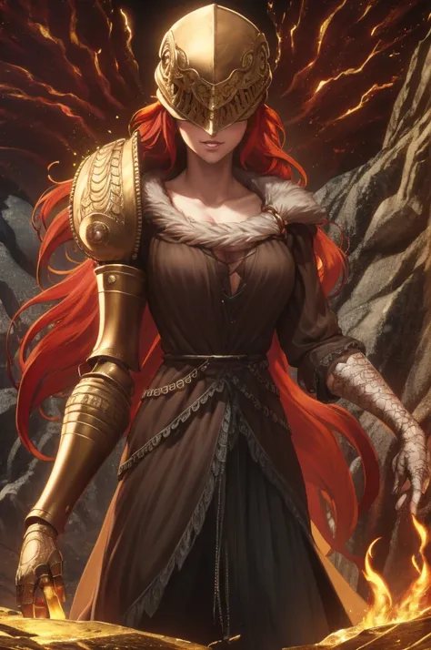 Woman, redhead, big breasts, hanging metal or cloth bras, sexy, scantily clad, beautiful, white skin, golden eyes, volcanic city, lighting between a lot and little light simulating a kingdom of fire, provocative pose, clothing color red and gold with some ...