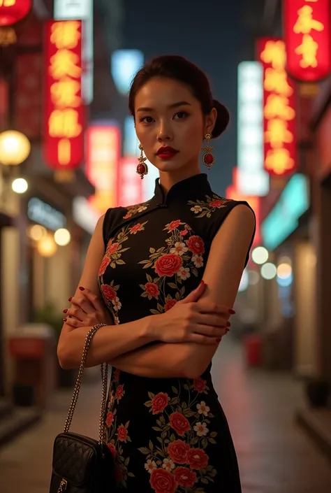 （1940s, Shanghai Mafia Empress,Mafia Boss,A stylish beauty is wearing a Chinese dress.Wearing a mink scarf），（The whole body is slender and graceful）），Beautiful decadent temperament，（Haiban, which was popular in Shanghai at the time），，（She resembles actress...