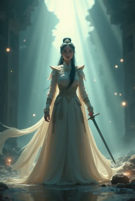 (looking up at viewer), digital art ilustration, depth of field, cinematic light, chiarosaurio, mist, particles, sparks,reflections, a female princess (Disney princess Mulan, Dilraba Dilmurat) wearing chinese princess armor holding sword, holy light, cinem...