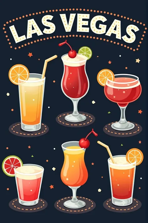 Create a visual identity with images of 6 typical drinks and names from Las Vegas 