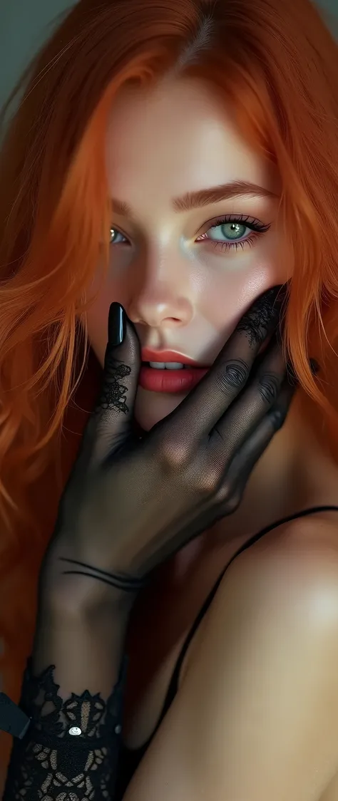 a beautiful woman with long flowing red hair, her face partially obscured by elegant red laced lingerie gloves, her touch soft and delicate, exquisitely sensual, al,alluring