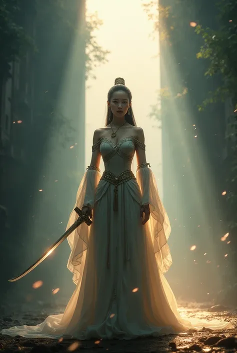 (looking up at viewer), digital art ilustration, depth of field, cinematic light, chiarosaurio, mist, particles, sparks,reflections, a female princess (Disney princess Mulan, Dilraba Dilmurat) wearing chinese princess armor holding sword, holy light, cinem...