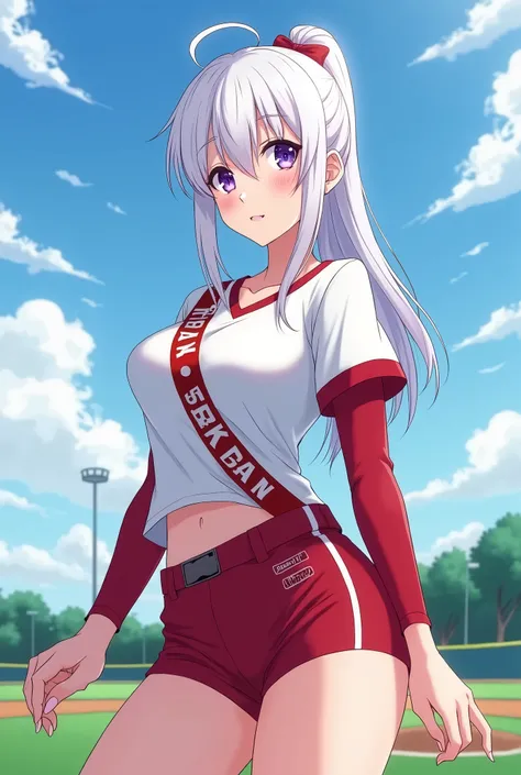 HD、Animation style、white hair 、Purple Eyes、girl、plump breasts 、High school student 、single ponytail、Baseball player、Light color short sleeve top、Long sleeve red underwear、Good shape、Thin、sash、Sky、cloud、sunny、Baseball field
