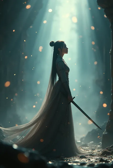 (looking up at viewer), digital art ilustration, depth of field, cinematic light, chiarosaurio, mist, particles, sparks,reflections, a female princess (Disney princess Mulan, Dilraba Dilmurat) wearing chinese princess armor holding sword, holy light, cinem...