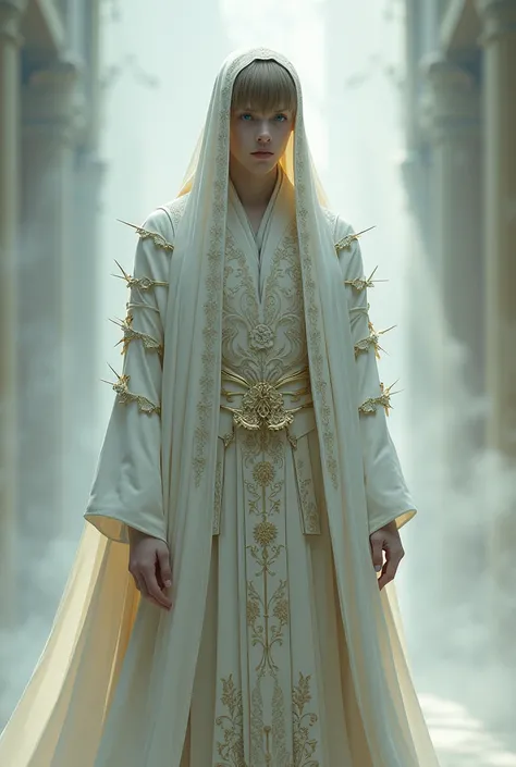 A tall man of about 2 with light brown hair. His pale blue eyes are usually downcast., as if in respect. He wears a long white veil with spikes and flowers on the sides.. The man himself wears a white hanfu, on the hem of which are depicted drawings, simil...