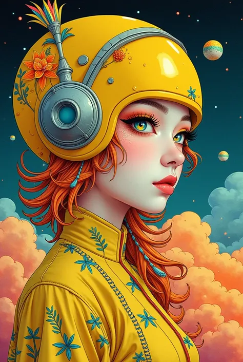 ((best quality)), ((masterpiece)), (detailed), perfect face of a yellow peacock, neon rainbow eyes, metallic helmet, rainbow hair, ((monochromatic neon rainbow color palette)), surreal, art nouveau, in the illustrative style of moebius, spaceships, sci-fi,...