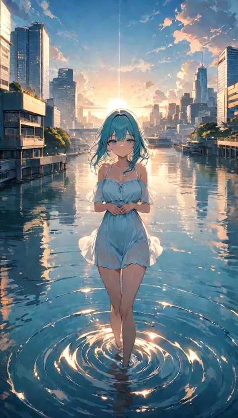 ((masterpiece)),((high quality)),View of the metropolis, Calm turquoise water, Infinite horizons, Calm waves, Morning sun reflected on the water, A distant island々, Tall Building, Beautiful cloudy sky, Calm and peaceful, Warm sea breeze, The soft light of ...