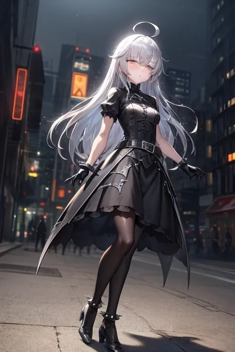 Masterpiece, best quality, ultra detailed, illustration, lighting epic, cinematic composition, 1 girl, Full body, 1, Depressed face, Silver eyes, Covered eyes, Blushing, Silver hair, Long hair, Ahoge, Bangs, Strand of hair covering her right eye, Full body...