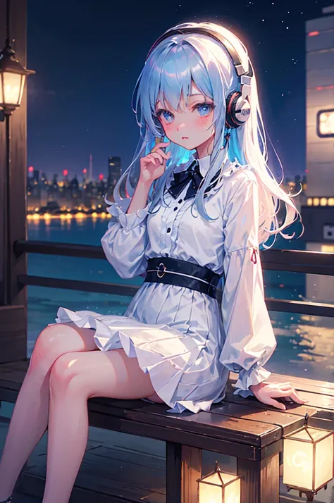 バルコニーにSitting女の子 , Feel the view outside、look  , Focus on the night city  ,2D Game Art Style ,Chinstill 50, Put headphones on your ears , Sing a song  , At night, , Sitting