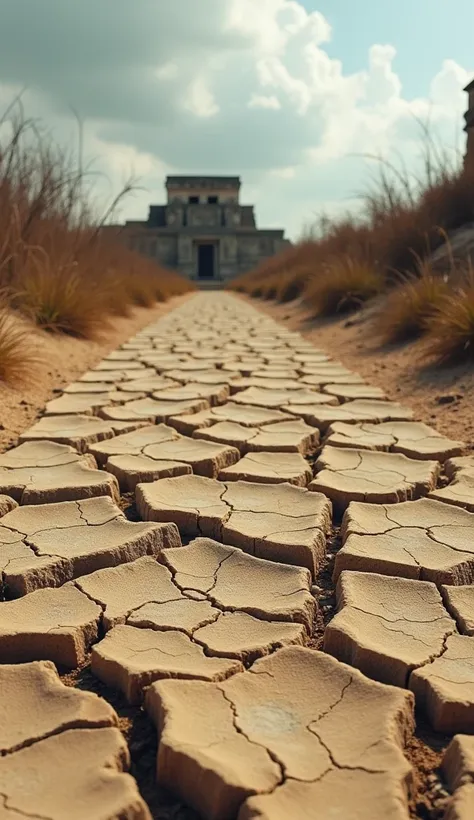  An arid landscape with cracks in the earth, representing an extreme drought. In the background, ruins of an abandoned Mayan city, showing how nature and time have reclaimed the place