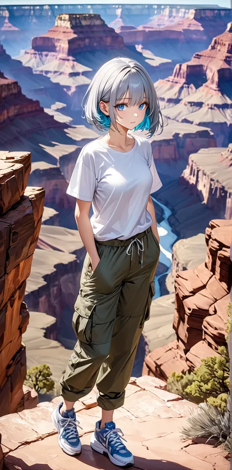 Ultra high resolution, rich colors, perfect image, best quality, detailed image, beautiful single woman, glowing skin, skin and clothing texture, delicate eyes, daytime, Grand Canyon, short sleeve shirt, cargo pants, sneakers, silver bob hair, blue eyes