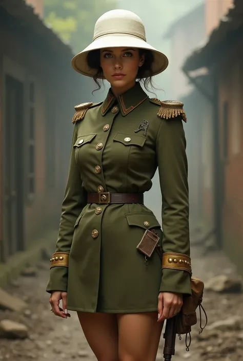 circa 1890s female bristish soldier. Wearing olive green victorian uniform with  miniskirt, and a  white british pith helmet.