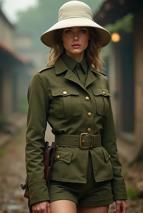 circa 1890s female bristish soldier. Wearing olive green victorian uniform with  miniskirt, and a  white british pith helmet.