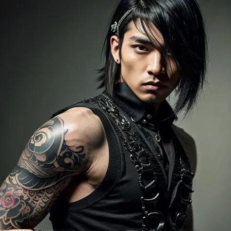 1 man, male, Japanese man, Visual Kai hairstyle, ultra detailed face and body, hyperrealistic, realistic representation, muscular, broad shoulders, tattoos gothic style, Visual Kei style, hairstyle Visual Kei,  age 35, outfit gothic streampunk, mens shirt ...