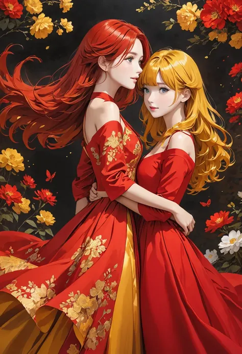 Girl with short yellow hair and girl with long red hair wearing red dress with gold