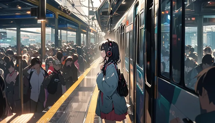 A woman with black hair and cute clothes standing on a crowded train,Streetscape、Listening to music with headphones、Japanese