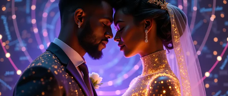 Holographic art | (close) (zoom in) Portrait of a beautiful negra bride with her negro groom trocando alianças no casamento,  ambos com roupas formed by golden and purple glowing mathematical formula| Radiant, handwritten-style calculations | Photorealisti...