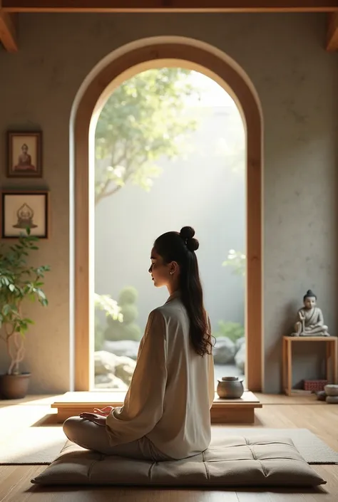 Meditation room interior blends spiritual culture, beautiful girl watching Buddha, airy window space, 1 tea table with cushion, 8K: 5.9, Buddhist space: 1.2, Neutral LED interior, Russian oak interior: 1.5, Concrete effect wall: 2.5 Minimalist design style...