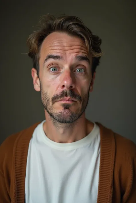 Image of an ugly pedophile man with a white t-shirt and a brown sweater