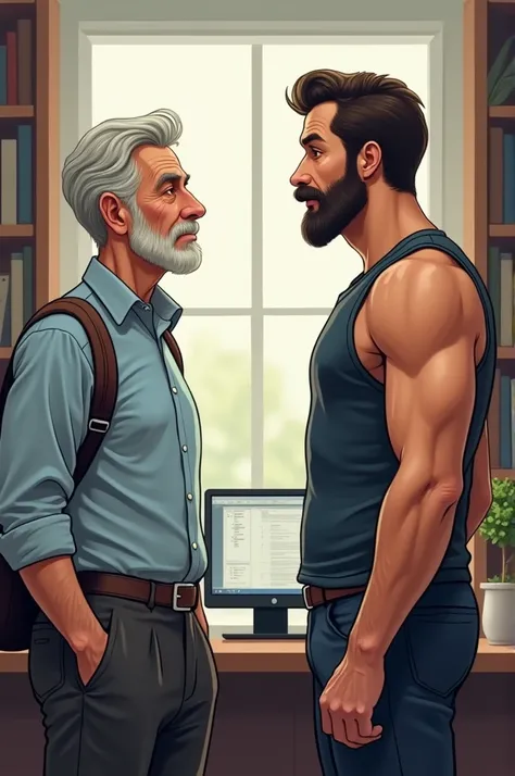 A 40-year-old philosophy professor with a one-strap bag on his shoulder next to a strong philosophy professor in a tank top and with a mustache with strong muscles next to each other facing the screen (illustration format)