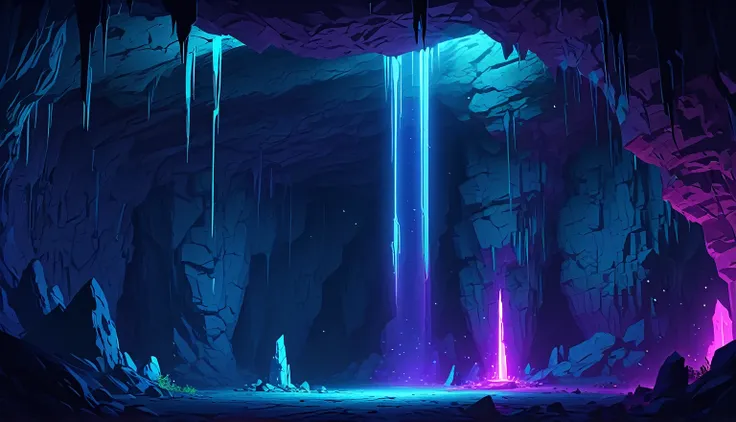 Game scene, no humans, , Mine cave, pillar, Crack, fluorescence, Light pillar, fantasy, Two-dimensional style