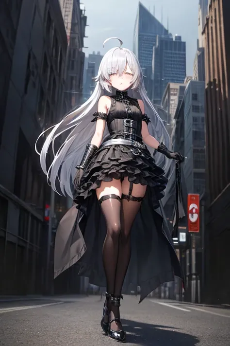 Masterpiece, best quality, ultra detailed, illustration, lighting epic, cinematic composition, 1 girl, Full body, 1, Depressed face, Silver eyes, Covered eyes, Blushing, Silver hair, Long hair, Ahoge, Bangs, Strand of hair covering her right eye, Full body...