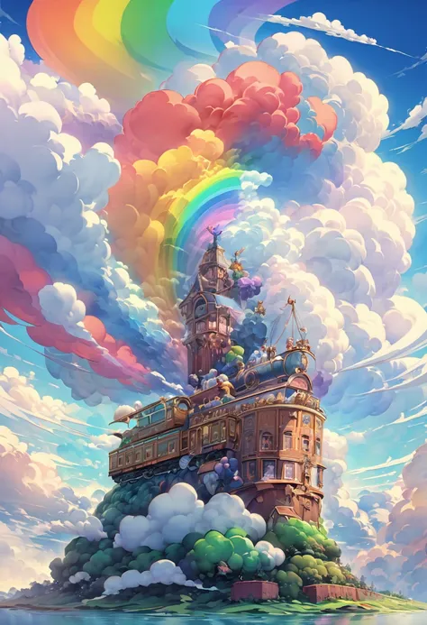 Create a surreal cloud formation in the shape of a voluptuous female figure with rainbow colors rising from the chimney of an old steam train flying into the blue sky. Made of thick and puffy clouds, the figure has exaggerated curves and is in mid-motion, ...