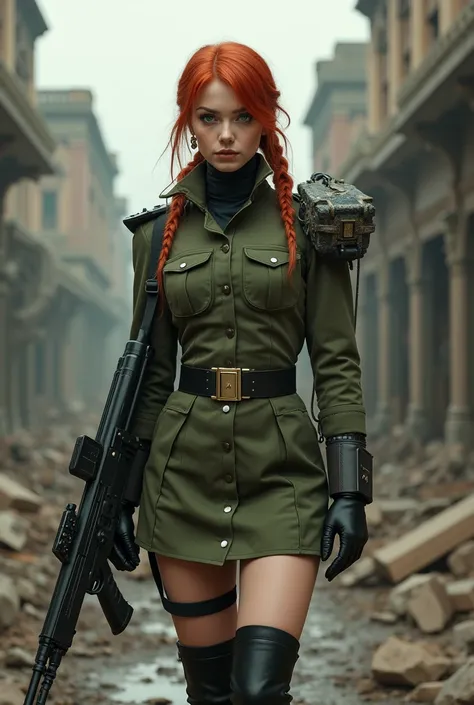 circa 1890s female bristish soldier. Wearing olive green victorian uniform with  miniskirt, and a white british pith helmet. Black boots. Laser rifle slung over shoulder. Ruined city background. Red hair and green eyes, black eyeliner. 