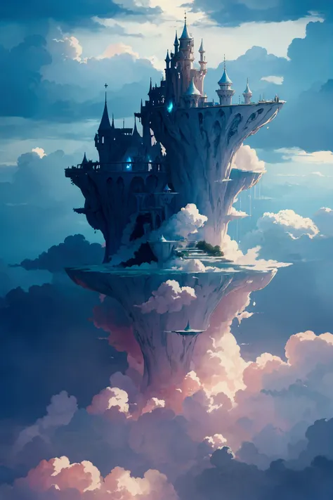 a surreal cloud staircase floating in the sky, magical fantasy landscape, dreamlike ethereal atmosphere, glowing soft lighting, pastel colors, detailed cinematic composition, epic scale, concept art style, highly detailed, 8k, masterpiece