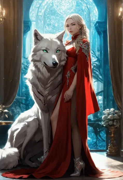 fantasy art, rpg art, ultra wide shot, raw, photorealistic, a picture of woman and her (white: 1.4) wolf pet, the woman,  an exq...