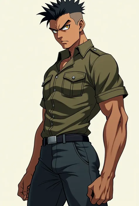 

 male boy:high, stripper,a little muscular,with big legs and a nice butt,light brown skin,yellow eyes and black hair shaved short in military style,thick eyebrows and angry expression,wearing tight school uniform,anime style 

