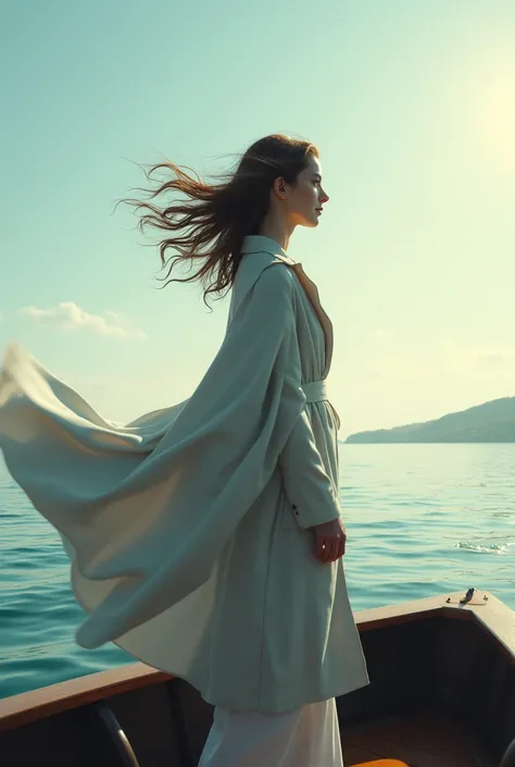 Woman on the boat looking at the horizon and the wind blowing her coat 