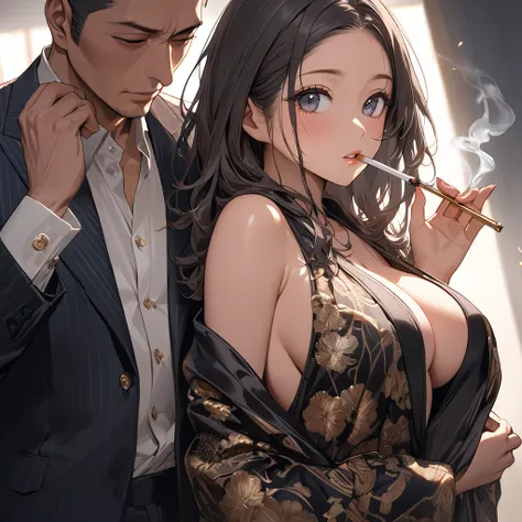 ((Highest quality)), ((masterpiece)), (detailed), （Perfect Face）、The woman is Satomi Ishihara, with black hair, large breasts and beautiful proportions.、The woman becomes a mistress of a yakuza, wears flashy and luxurious clothes, and is embraced by the ya...