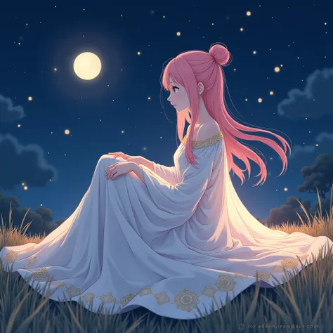 A girl with long pink hair in a bun hairstyle, she wears a long white dress, engraved in gold, and she wraps it and turns it around and sits counting that and enjoys the view of the night sky