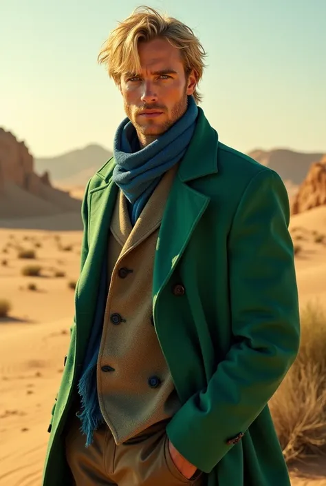 Blond man with blond hair, green coat, blue scarf, in the middle of the desert