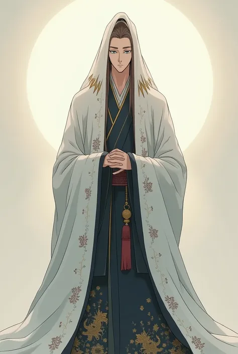 A tall man of about 2 with long light brown hair. His pale blue eyes are usually downcast., as if in respect. He wears a long white veil with spikes and flowers on the sides.. The man himself wears a white hanfu, on the hem of which are depicted drawings, ...