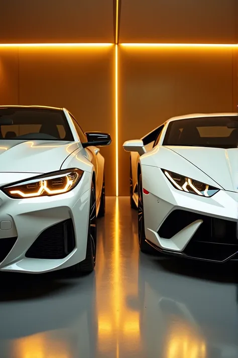 take a photo of a BMW M5 and a Lamborghini Hurricane both white with gold headlights in a modern and gold garage and so that the cars are fully visible